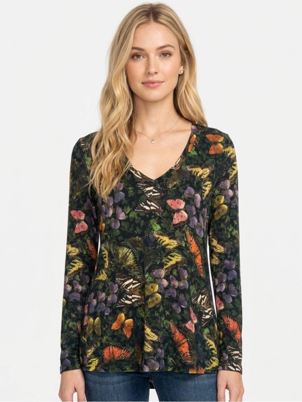 Johnny Was Midnight Mariposa Long sleeve V-Neck Butterflies Top Size Small